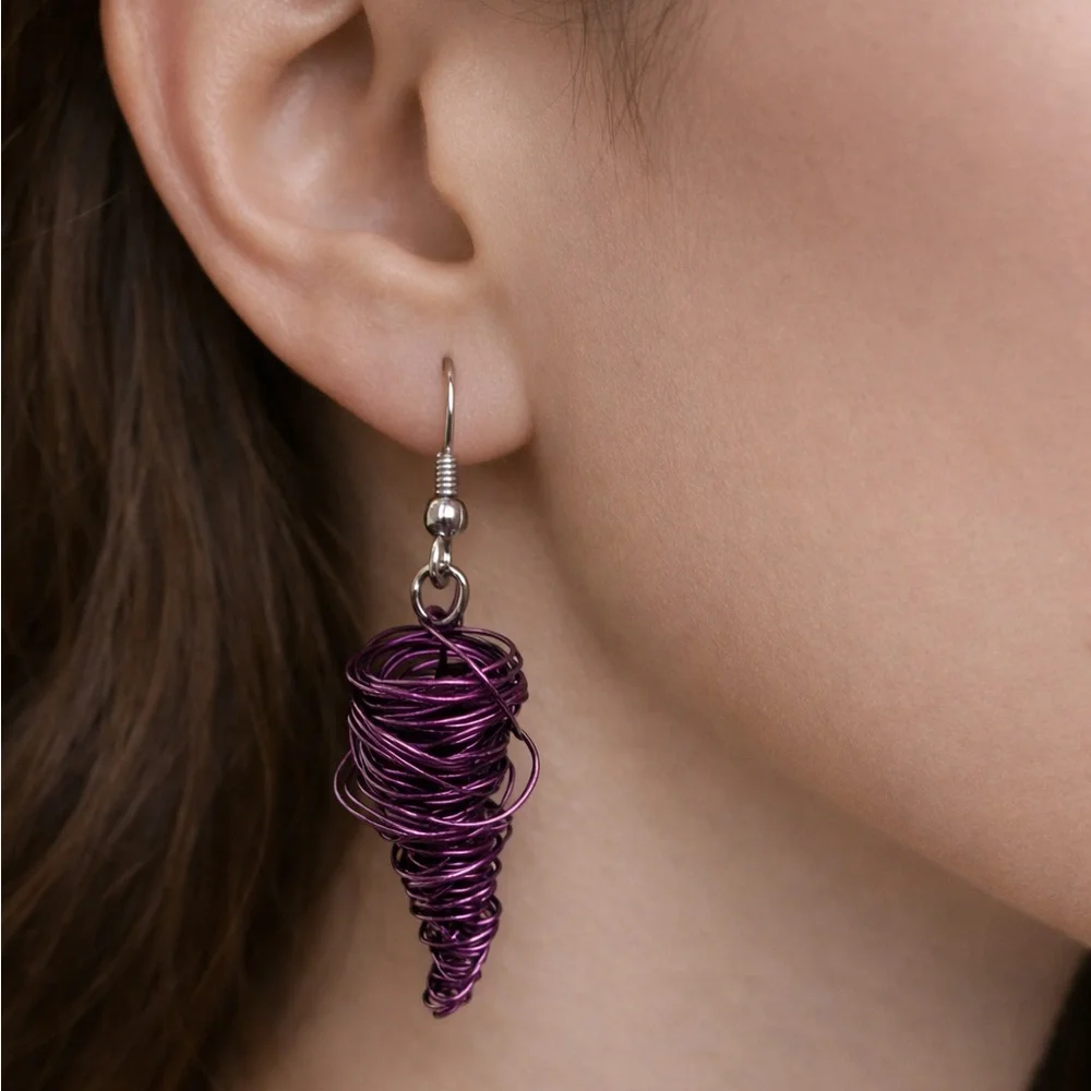 Handmade Purple Wire Wrapped Tornado Dangle Earrings Anodized Aluminum Jewelry